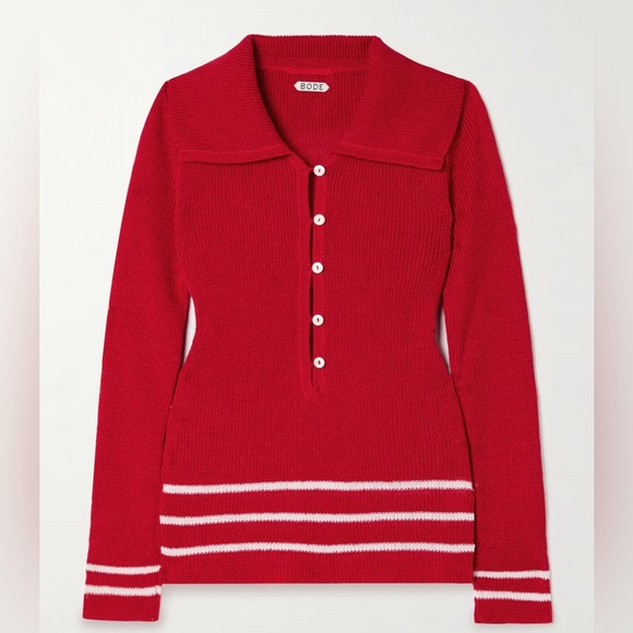 Bode Sweaters - Red Bode Knit Sweater with White Stripes